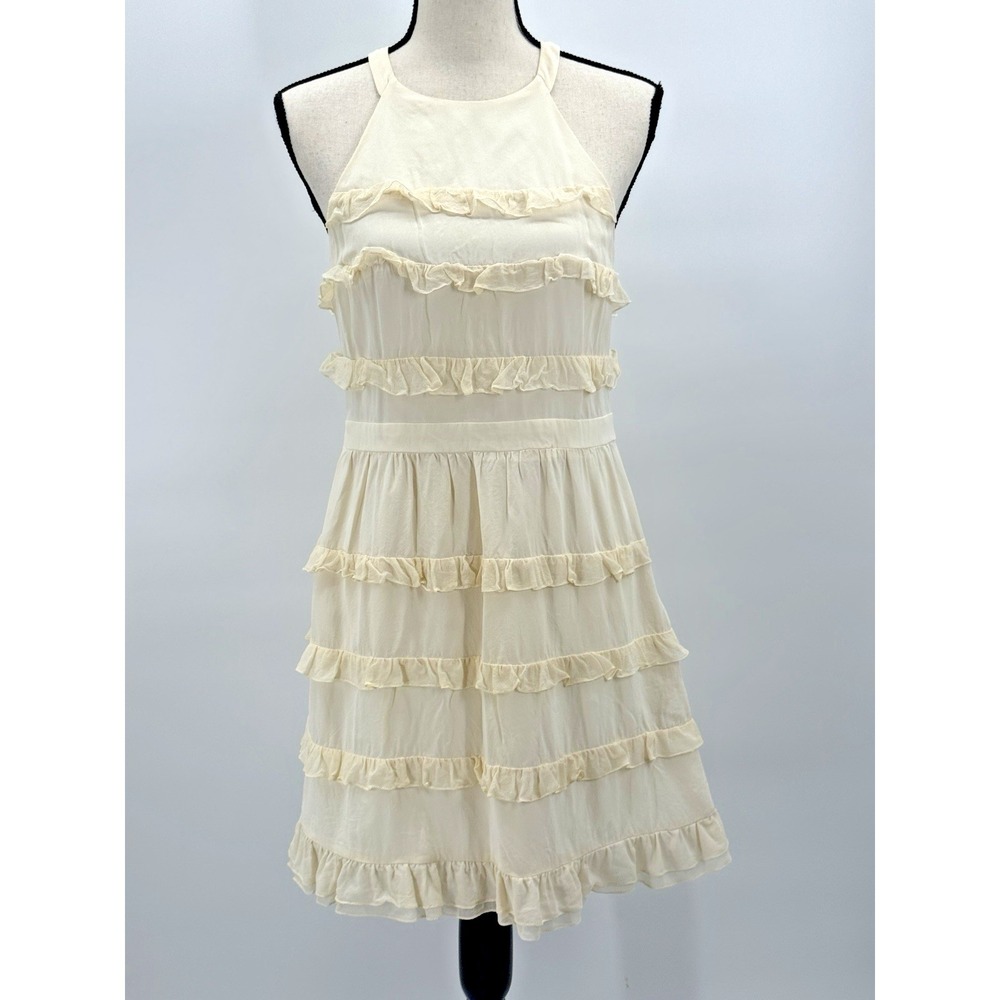 Tibi Tiered Ruffle Silk Mini Dress 8 High Neck Frilled Cream Party Special Event